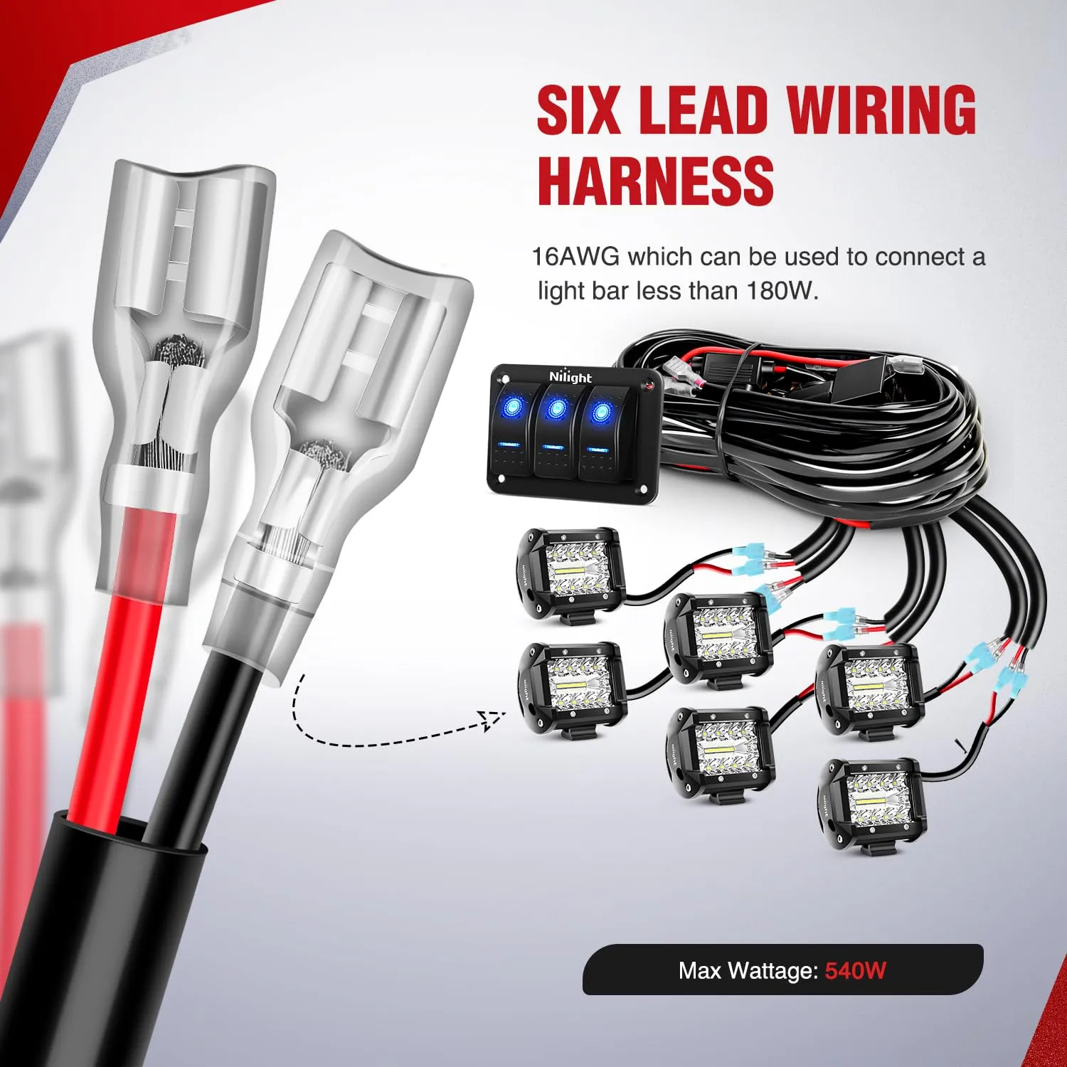 16AWG Wire Harness 6 Leads W/ 3 Gang Rocker Switch | 9 Fuses | 12 Spade Connectors