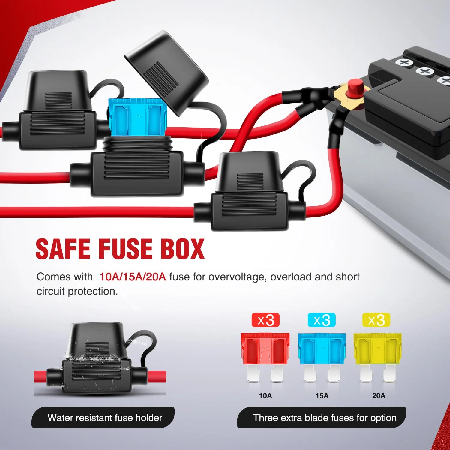 16AWG Wire Harness 6 Leads W/ 3 Gang Rocker Switch | 9 Fuses | 12 Spade Connectors