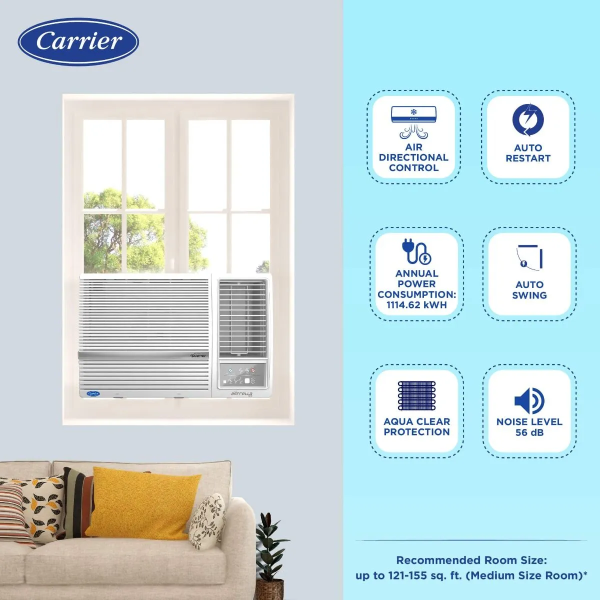 Carrier 18k ESTRELLA EXI 1.5 Ton 5 Star inverter Window AC  Copper, White CIW18EC5R32F0