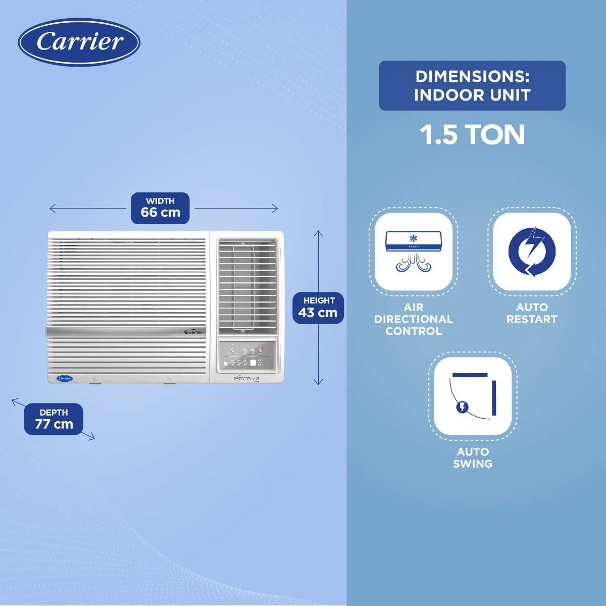 Carrier 18k ESTRELLA EXI 1.5 Ton 5 Star inverter Window AC  Copper, White CIW18EC5R32F0
