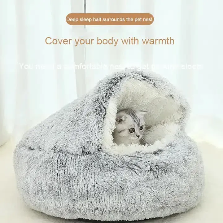 Cozy Green Plush Hooded Pet Bed - Ultra Soft Long Fur Cave 40cmBed for Small Pets
