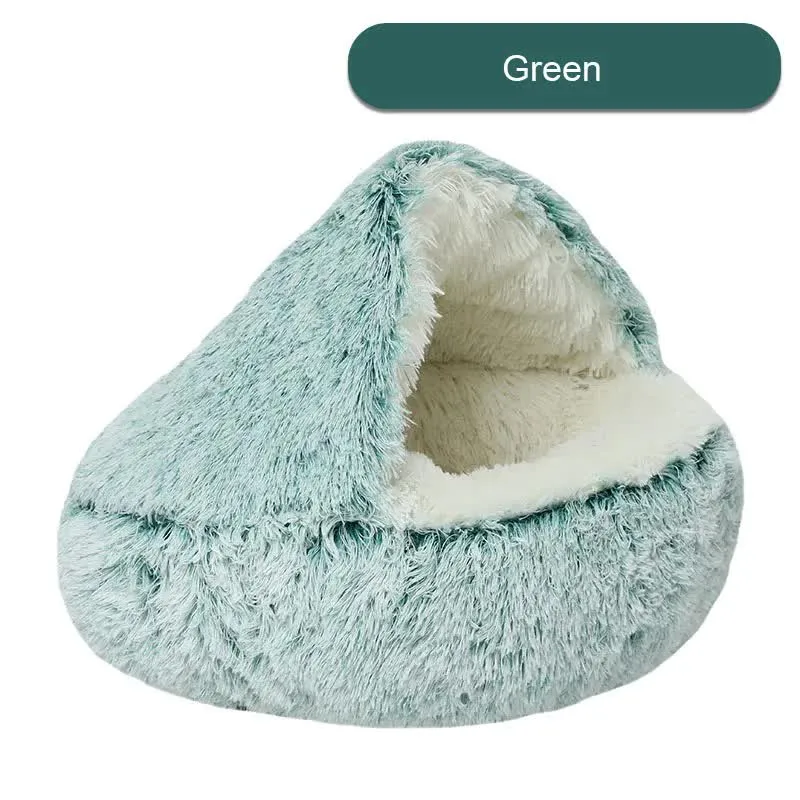 Cozy Green Plush Hooded Pet Bed - Ultra Soft Long Fur Cave 40cmBed for Small Pets