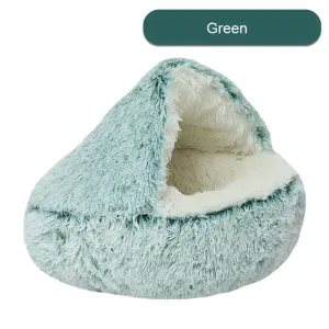 Cozy Green Plush Hooded Pet Bed - Ultra Soft Long Fur Cave 40cmBed for Small Pets