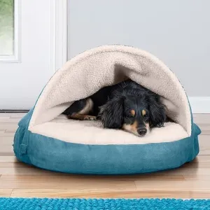 Furhaven 26" Round Cooling Gel Dog Bed for Medium/Small Dogs w/Removable Washable Cover, For Dogs Up to 30 lbs - Sherpa & Suede Snuggery - Blue, 26-inch