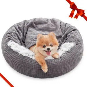 Hooded Calming Dog Bed with Attached Blanket