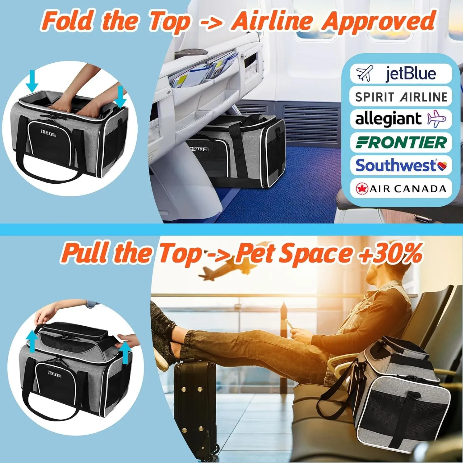 Top-Expandable Pet Carrier 17 X 12 X 8.5 Inch Jetblue Frontier Spirit Airline Approved, Soft Silk Carrier for Small Cats and Dogs with Locking Safety Zippers and Anti-Scratch