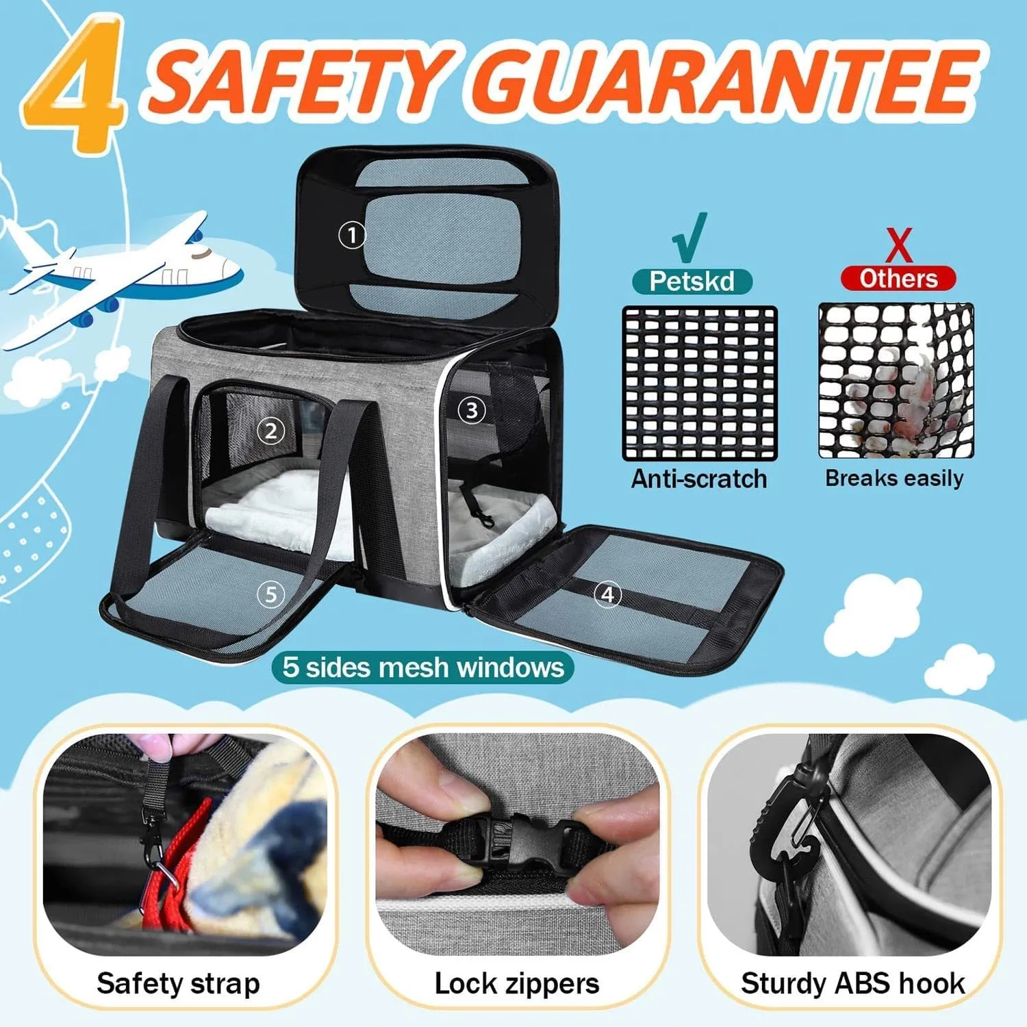 Top-Expandable Pet Carrier 17 X 12 X 8.5 Inch Jetblue Frontier Spirit Airline Approved, Soft Silk Carrier for Small Cats and Dogs with Locking Safety Zippers and Anti-Scratch