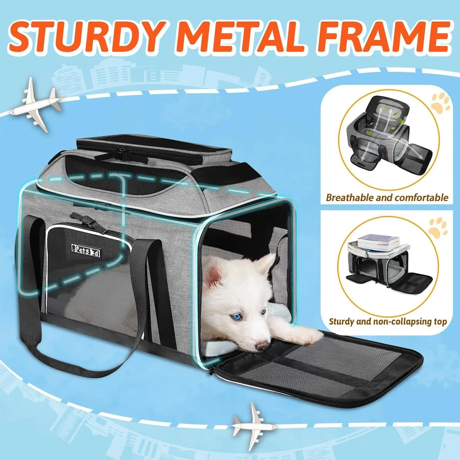 Top-Expandable Pet Carrier 17 X 12 X 8.5 Inch Jetblue Frontier Spirit Airline Approved, Soft Silk Carrier for Small Cats and Dogs with Locking Safety Zippers and Anti-Scratch