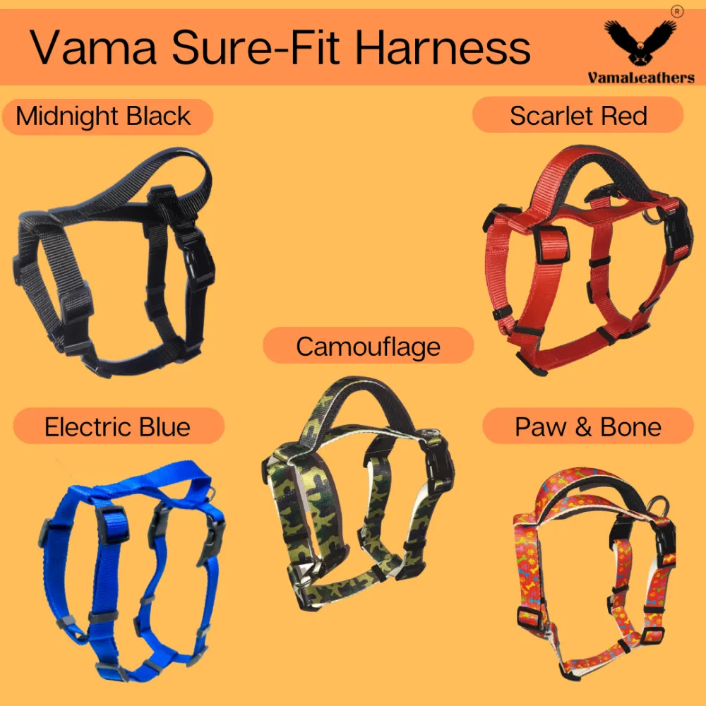 Vama Leathers Sure Fit Soft & Strong Nylon Harness for Dogs (Midnight Black)