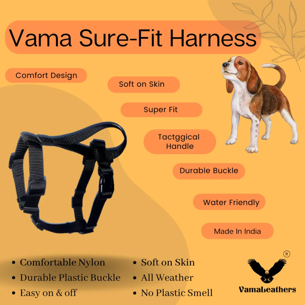Vama Leathers Sure Fit Soft & Strong Nylon Harness for Dogs (Midnight Black)