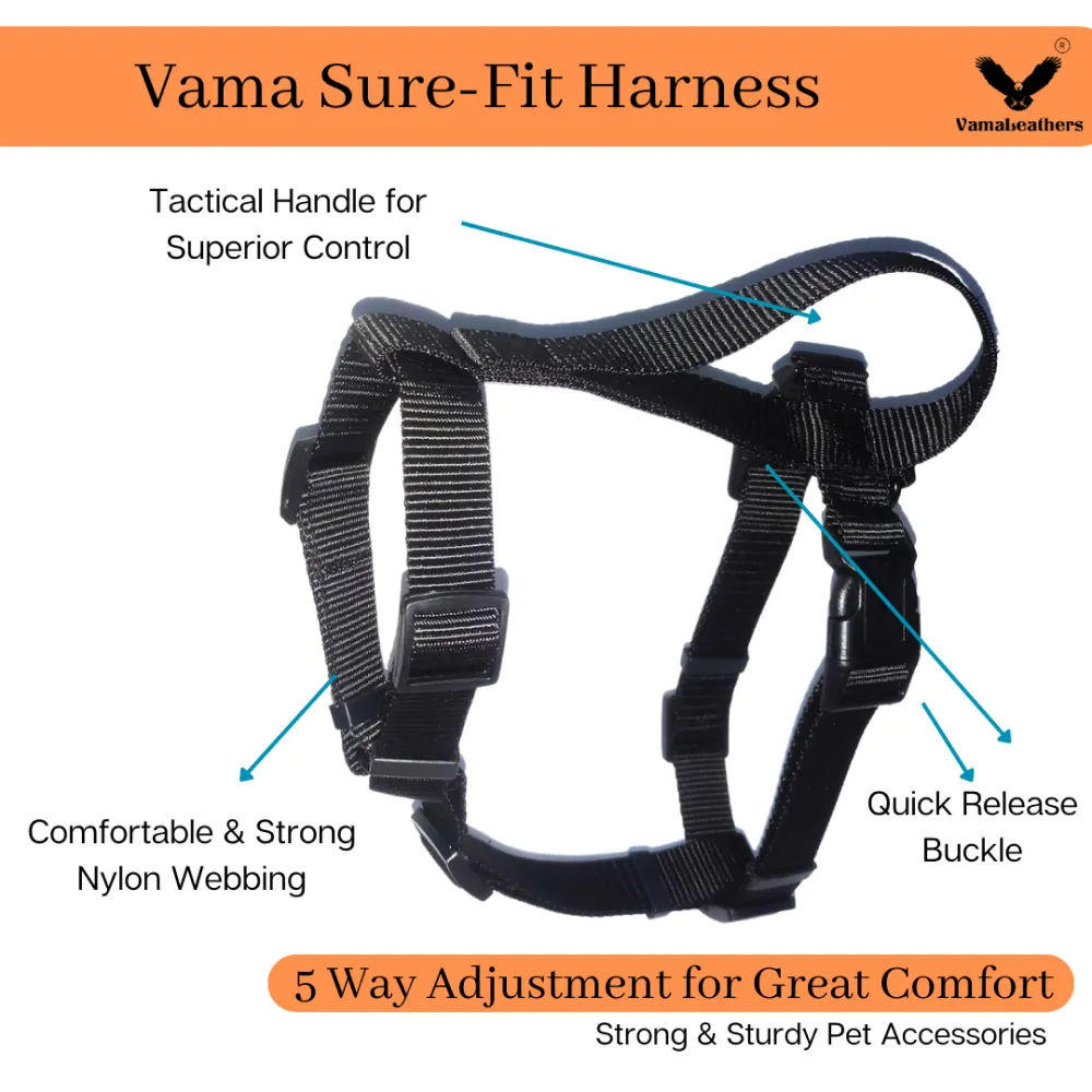Vama Leathers Sure Fit Soft & Strong Nylon Harness for Dogs (Midnight Black)